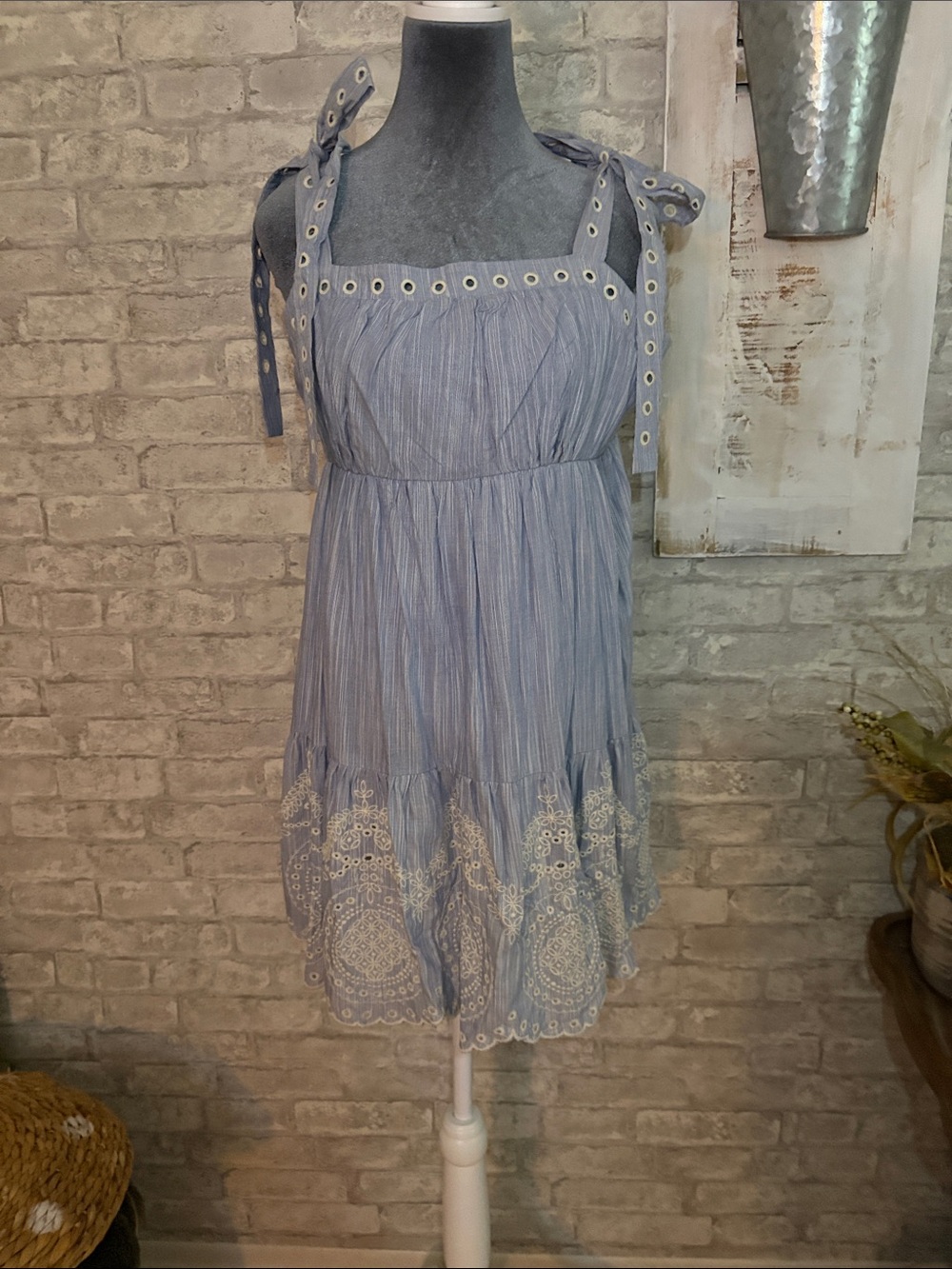 Francesca's Collections boutique Blue Eyelet Tie-Shoulder Mini Dress